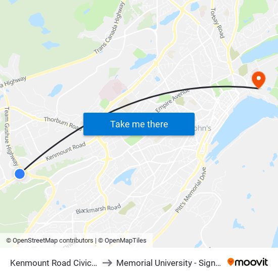 Kenmount Road Civic 220 Mazda to Memorial University - Signal Hill Campus map