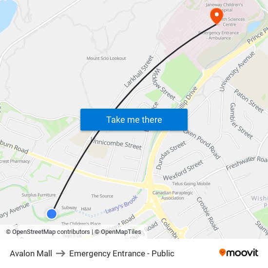 Avalon Mall to Emergency Entrance - Public map