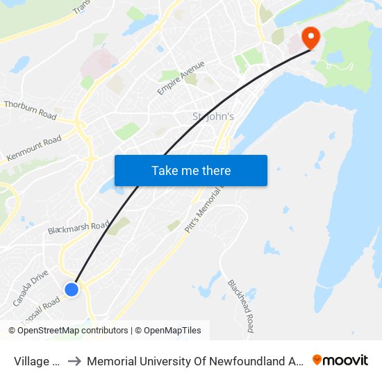 Village Mall to Memorial University Of Newfoundland And Labrador map