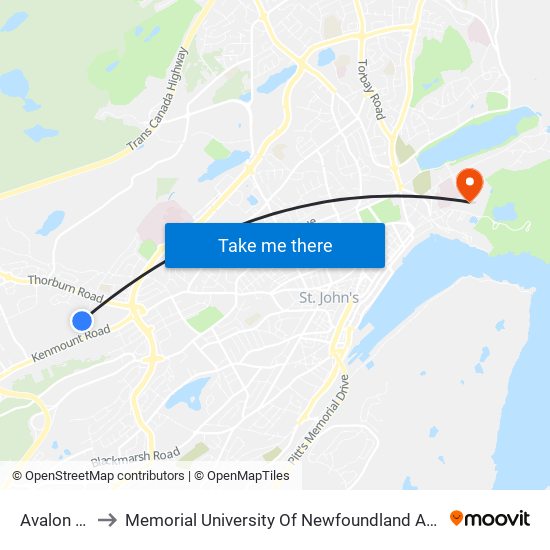 Avalon Mall to Memorial University Of Newfoundland And Labrador map