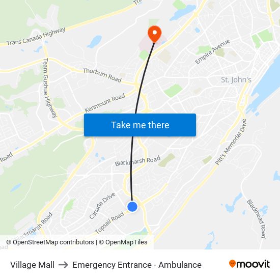 Village Mall to Emergency Entrance - Ambulance map