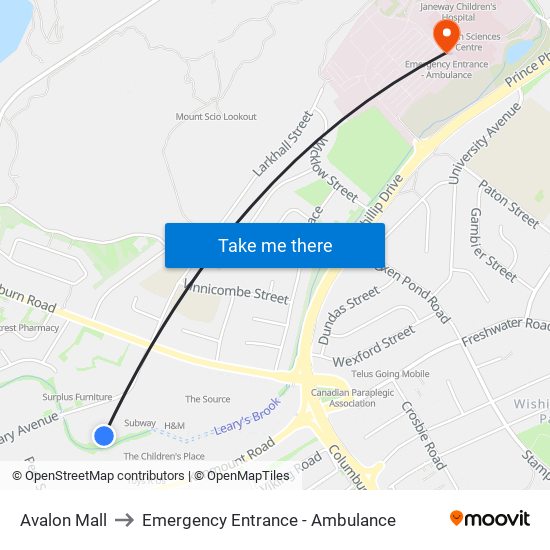 Avalon Mall to Emergency Entrance - Ambulance map