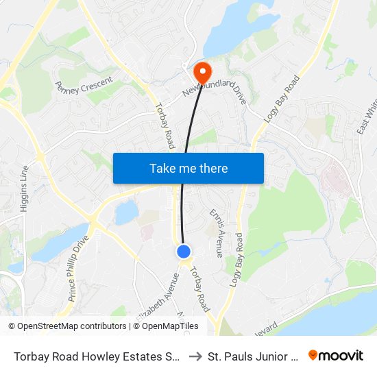 Torbay Road Howley Estates Sobeys to St. Pauls Junior High map