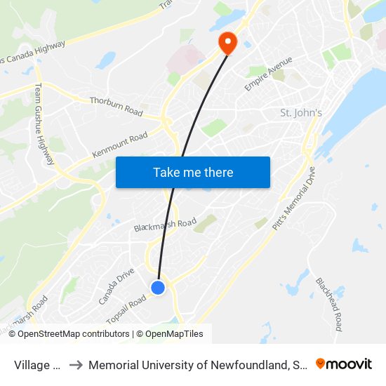 Village Mall to Memorial University of Newfoundland, St John's, NL map