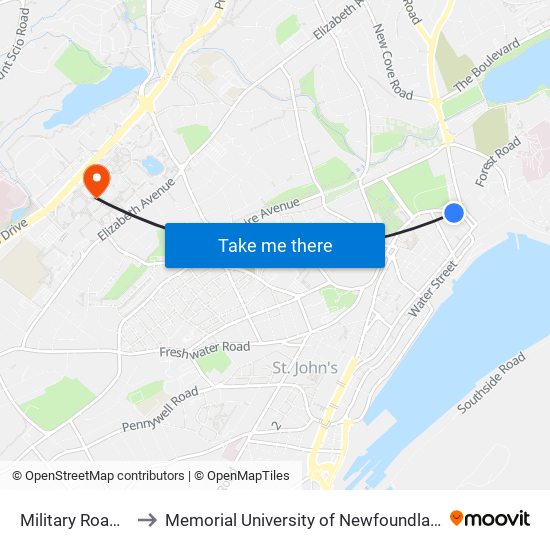 Military Road Civic 9 to Memorial University of Newfoundland, St John's, NL map