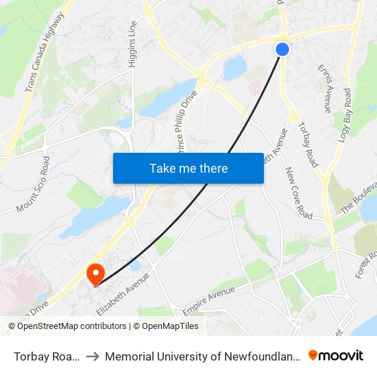 Torbay Road Mall to Memorial University of Newfoundland, St John's, NL map