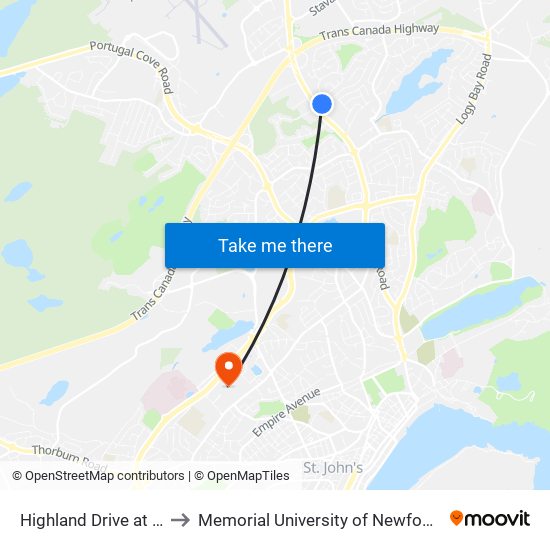 Highland Drive at Torbay Road to Memorial University of Newfoundland, St John's, NL map