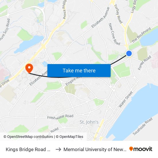 Kings Bridge Road Opposite Dominion to Memorial University of Newfoundland, St John's, NL map