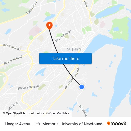 Linegar Avenue Civic 91 to Memorial University of Newfoundland, St John's, NL map