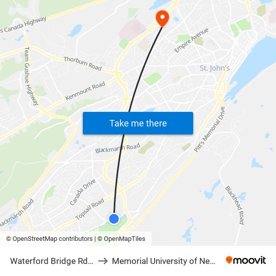 Waterford Bridge Rd Opposite  Hospital to Memorial University of Newfoundland, St John's, NL map
