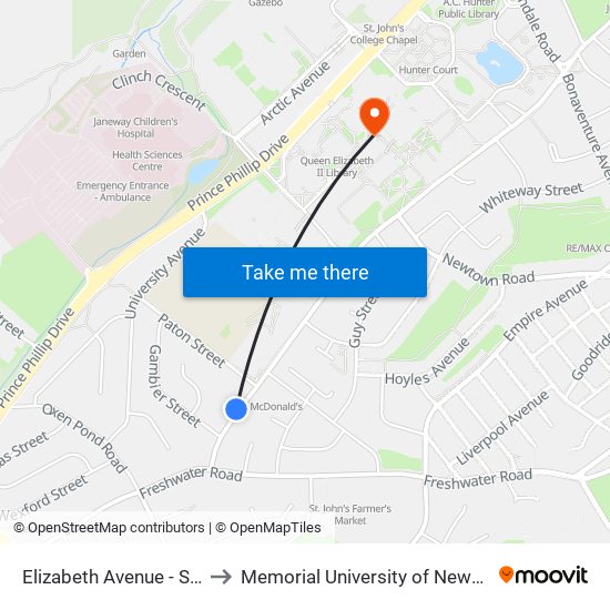 Elizabeth Avenue - Summerville Plaza to Memorial University of Newfoundland, St John's, NL map