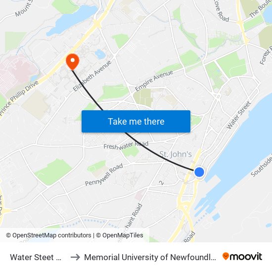 Water Steet Civic 351 to Memorial University of Newfoundland, St John's, NL map
