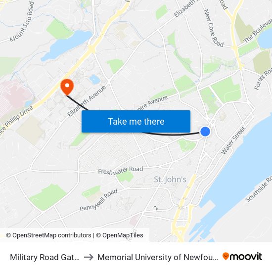 Military Road Gathering Place to Memorial University of Newfoundland, St John's, NL map