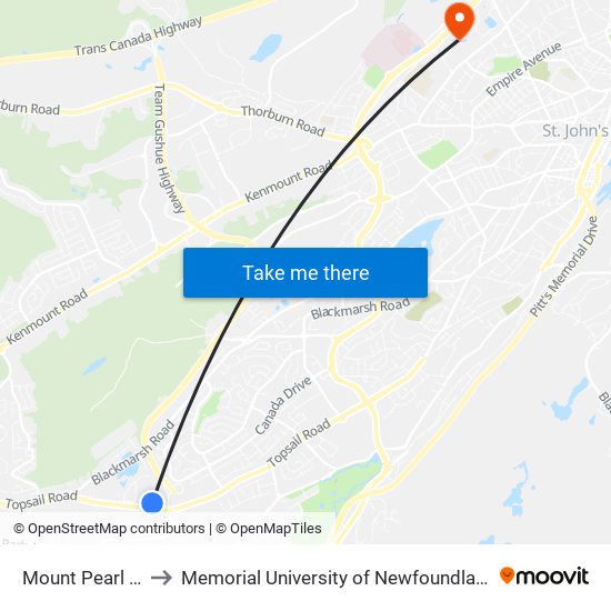Mount Pearl Square to Memorial University of Newfoundland, St John's, NL map