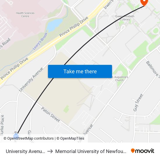 University Avenue Civic 175 to Memorial University of Newfoundland, St John's, NL map