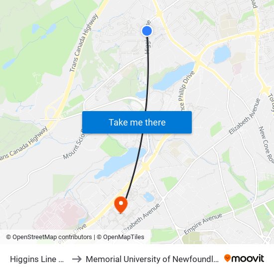 Higgins Line Civic 157 to Memorial University of Newfoundland, St John's, NL map