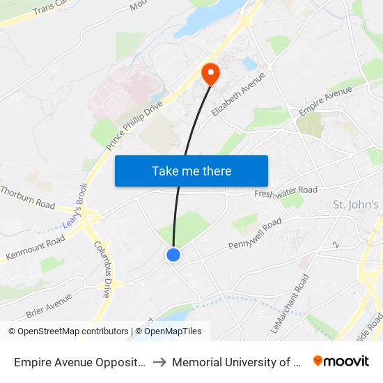 Empire Avenue Opposite Kellys Brook Apartments to Memorial University of Newfoundland, St John's, NL map