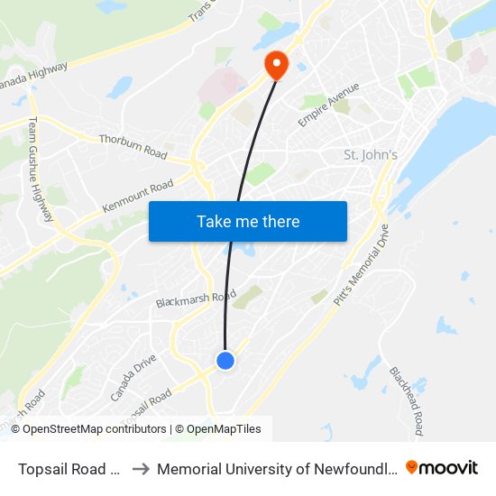 Topsail Road Civic 352 to Memorial University of Newfoundland, St John's, NL map