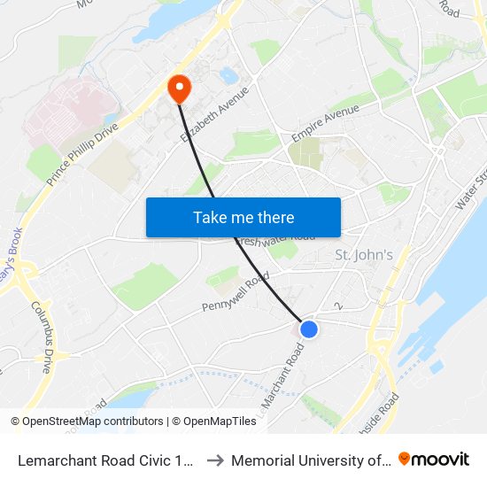 Lemarchant Road Civic 161 Opposite Saint Clairs Hospital to Memorial University of Newfoundland, St John's, NL map
