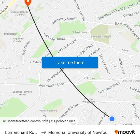 Lemarchant Road Civic 137 to Memorial University of Newfoundland, St John's, NL map