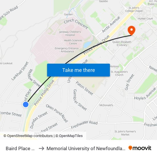 Baird Place Civic 35 to Memorial University of Newfoundland, St John's, NL map