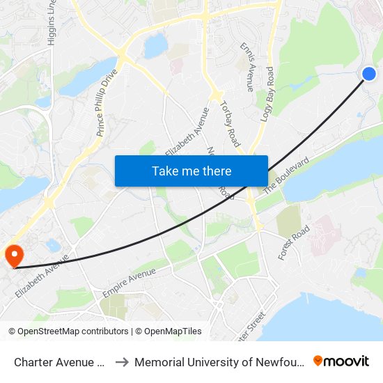 Charter Avenue Building 802 to Memorial University of Newfoundland, St John's, NL map