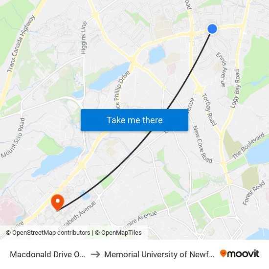 Macdonald Drive Opposite Civic 67 to Memorial University of Newfoundland, St John's, NL map