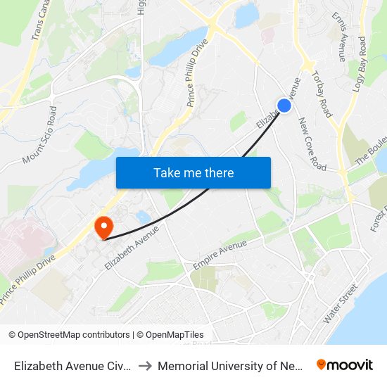Elizabeth Avenue Civic 84 Regatta Plaza to Memorial University of Newfoundland, St John's, NL map