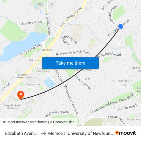 Elizabeth Avenue Civic 116 to Memorial University of Newfoundland, St John's, NL map