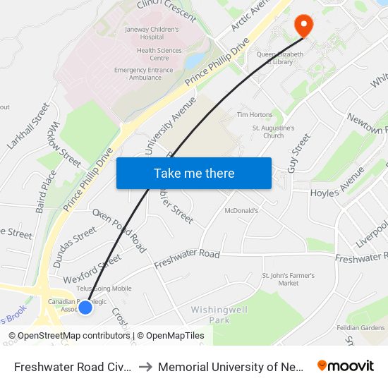 Freshwater Road Civic 341 Credit Union to Memorial University of Newfoundland, St John's, NL map
