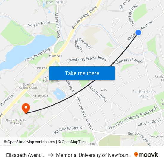 Elizabeth Avenue Civic 117 to Memorial University of Newfoundland, St John's, NL map