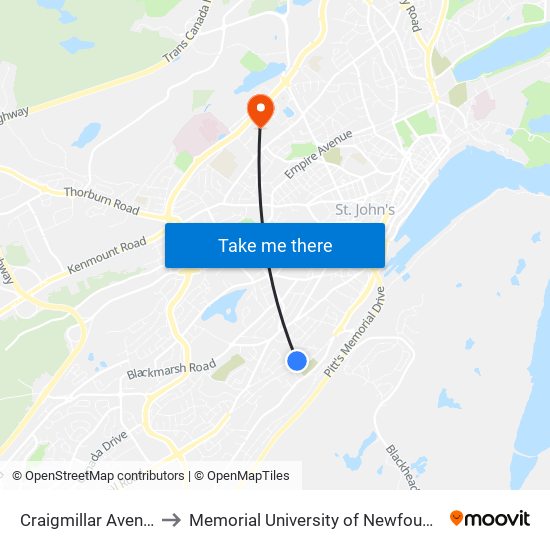 Craigmillar Avenue Civic 35 to Memorial University of Newfoundland, St John's, NL map