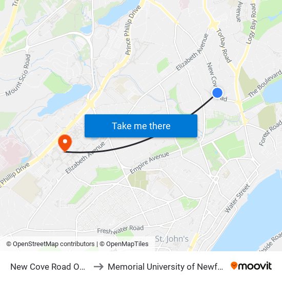 New Cove Road Opposite Civic 63 to Memorial University of Newfoundland, St John's, NL map