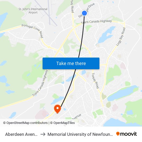 Aberdeen Avenue Staples to Memorial University of Newfoundland, St John's, NL map