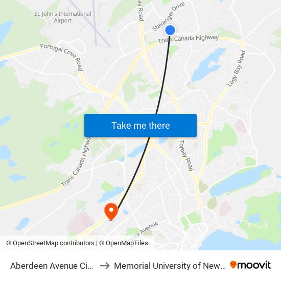 Aberdeen Avenue Civic 25 Tim Hortons to Memorial University of Newfoundland, St John's, NL map