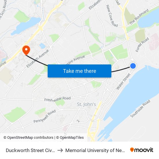 Duckworth Street Civic 104 Caines Store to Memorial University of Newfoundland, St John's, NL map