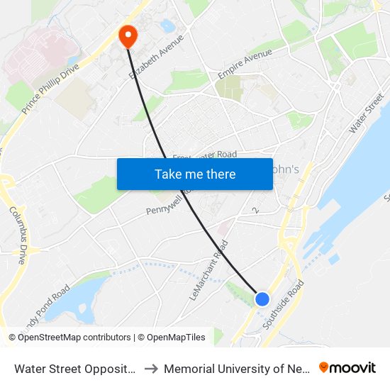 Water Street Opposite Oceanex Terminal 2 to Memorial University of Newfoundland, St John's, NL map