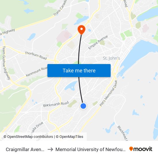 Craigmillar Avenue Civic 122 to Memorial University of Newfoundland, St John's, NL map