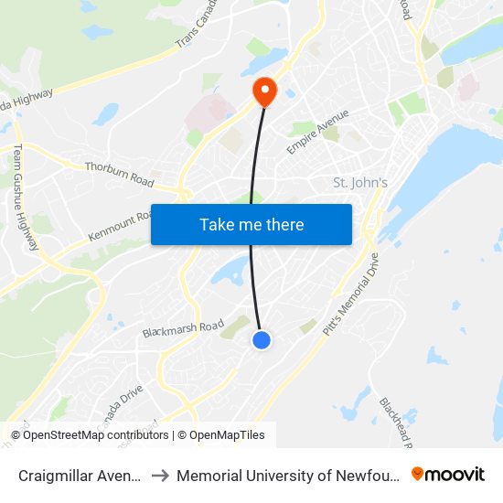 Craigmillar Avenue Civic 142 to Memorial University of Newfoundland, St John's, NL map