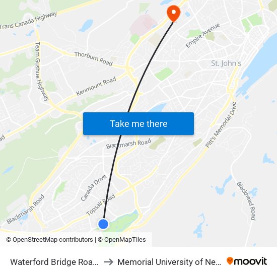 Waterford Bridge Road Opposite Park Road to Memorial University of Newfoundland, St John's, NL map