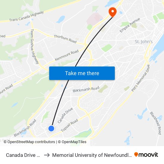 Canada Drive Civic 167 to Memorial University of Newfoundland, St John's, NL map