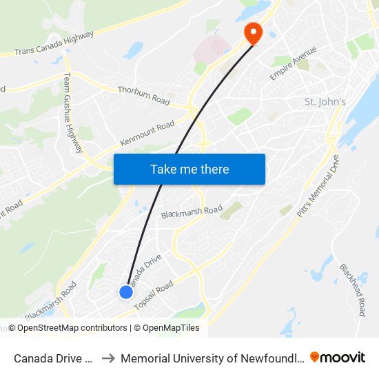 Canada Drive Civic 133 to Memorial University of Newfoundland, St John's, NL map