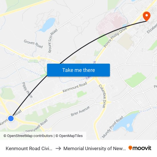 Kenmount Road Civic 275 Tim Hortons to Memorial University of Newfoundland, St John's, NL map