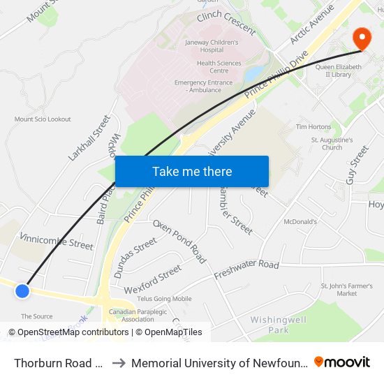 Thorburn Road Avalon Mall to Memorial University of Newfoundland, St John's, NL map