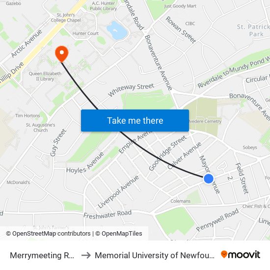 Merrymeeting Road Civic 96 to Memorial University of Newfoundland, St John's, NL map