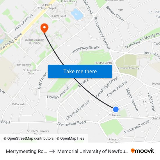 Merrymeeting Road Civic 150 to Memorial University of Newfoundland, St John's, NL map