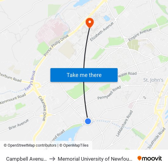 Campbell Avenue Civic 153 to Memorial University of Newfoundland, St John's, NL map