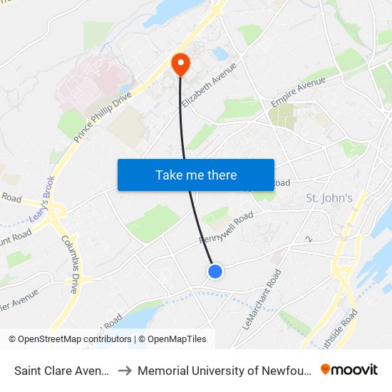 Saint Clare Avenue Civic 129 to Memorial University of Newfoundland, St John's, NL map