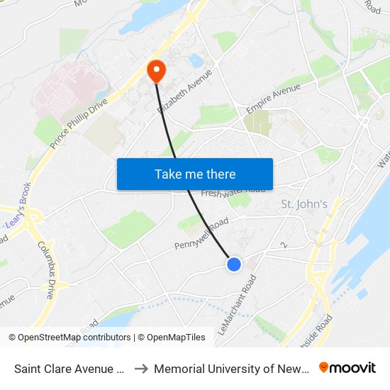 Saint Clare Avenue Opposite Civic 56 to Memorial University of Newfoundland, St John's, NL map