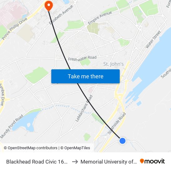 Blackhead Road Civic 161 Golden Vista Seniors Complex to Memorial University of Newfoundland, St John's, NL map